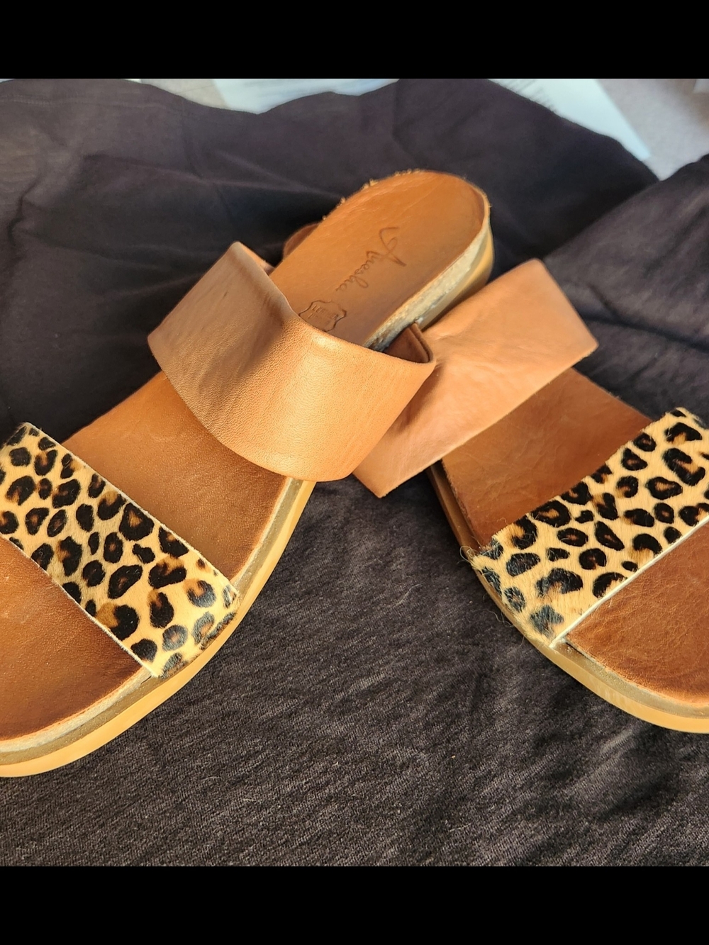 Treska Tan Slide Sandals with Leopard-Print Strap